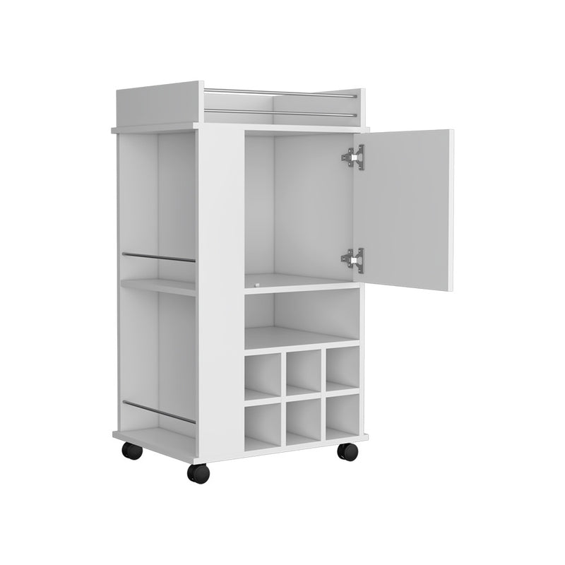 Bar Cart with Casters Reese, Six Wine Cubbies and Single Door, White Finish