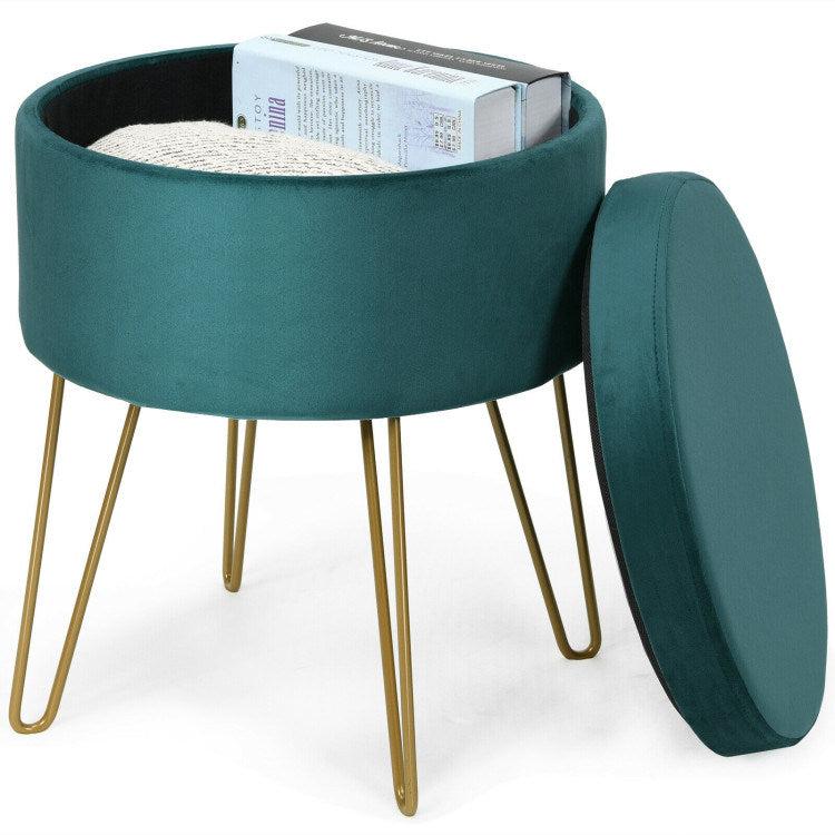 Round Velvet Storage Ottoman Footrest Stool Vanity Chair with Metal LeDobaDealsexpress.shopRound Velvet Storage Ottoman Footrest Stool Vanity ChairHighlights
Multi-purpose Stool: This backless round stool is versatile to be used as a general seat in your bedroom during makeup and a storage box for convenience. 