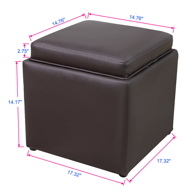 Square Storage Ottoman with Tray Faux Leather Upholstered Footrest Stool, Seat as Side Coffee Table for Living Room