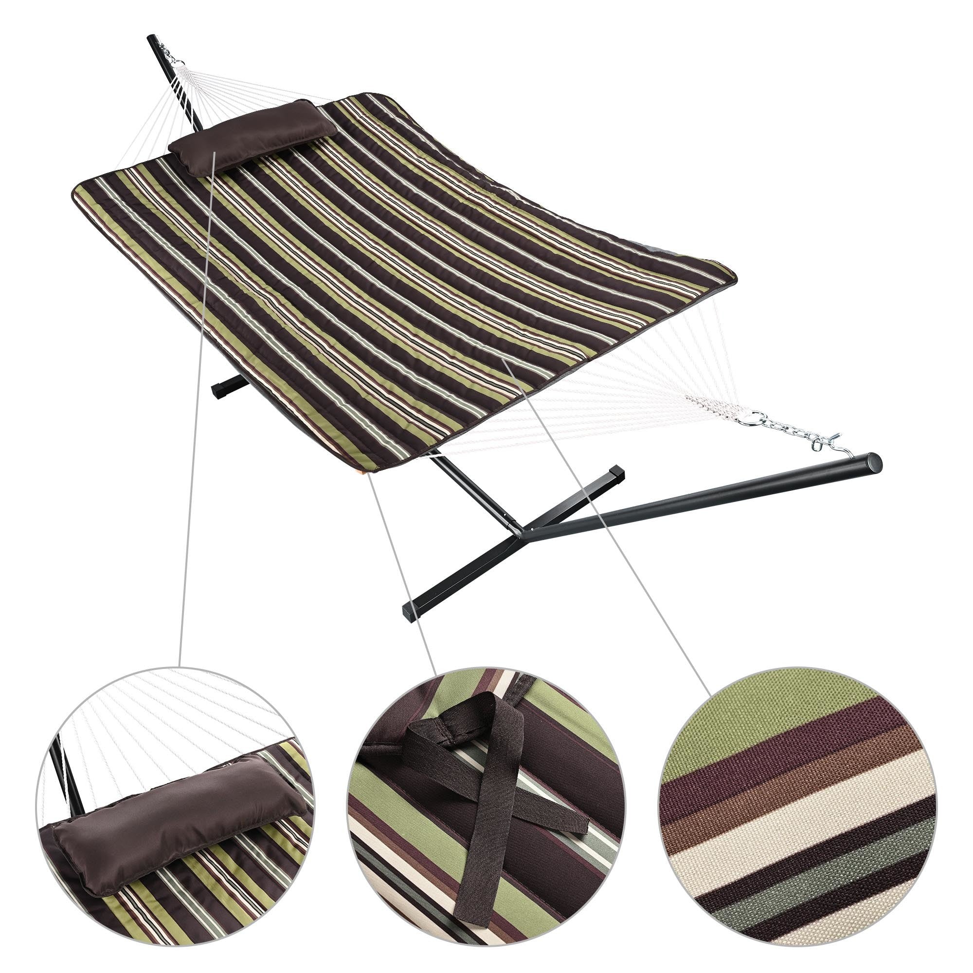 Hammock with standDobaDealsexpress.shopHammockDetails
Features:- Portable Freestanding Hammock - This 138 9/16" x 52 3/8" x 44 1/8" 2 Person Hammock with Stand can be easily set up in minutes without any tools, 