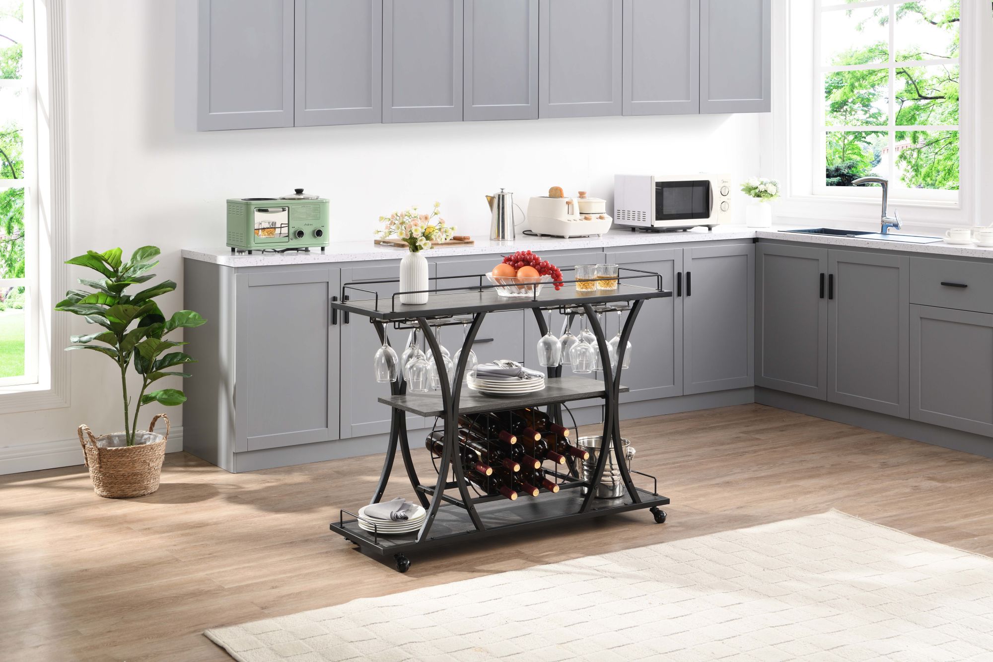 Industrial Bar Cart Kitchen Bar&Serving Cart for Home with Wheels 3 -TDobaDealsexpress.shopIndustrial Bar Cart Kitchen Bar&Serving CartHighlights
1. BOTTLE RACK AND WINE GLASS STORAGE: this bar cart features three levels for storing wine or placing trays,
with 11 bottles and16 wine glass racks.
2. M