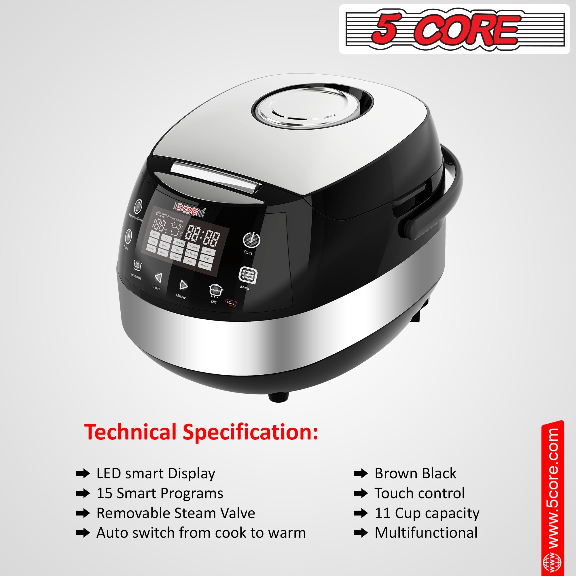 5 Core 5.3Qt Asian Rice Cooker Digital Programmable 15-in-1 Ergonomic DobaDealsexpress.shop-1 Ergonomic Large Touch Screen Electric Multi Cooker Slow Cooker Steamer Pot Warmer 11 Cups 24 Hour Delay Timer AutoHighlights
With the help of an electric rice cooker, you can prepare everything from a filling jambalaya, steamed vegetables, rice, decadent cake, Stew Pot, Steamer,