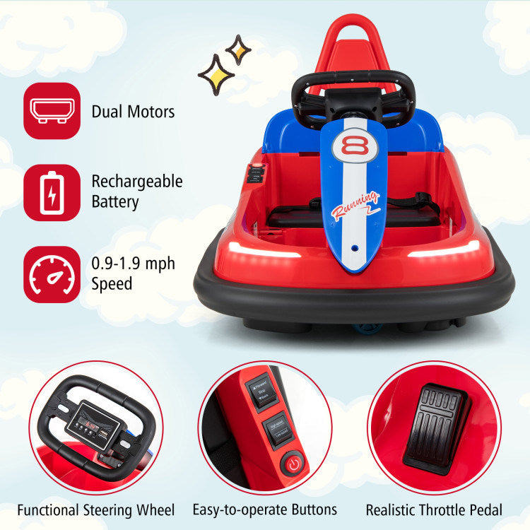 6V kids Ride-on Bumper Car with 360° Spinning and Dual MotorsDobaDealsexpress.shop6V kids Ride-Highlights
Exciting yet Safe Bumping: Equipped with dual motors and a rechargeable battery, this electric bumper car allows kids to enjoy a long time of exciting bum