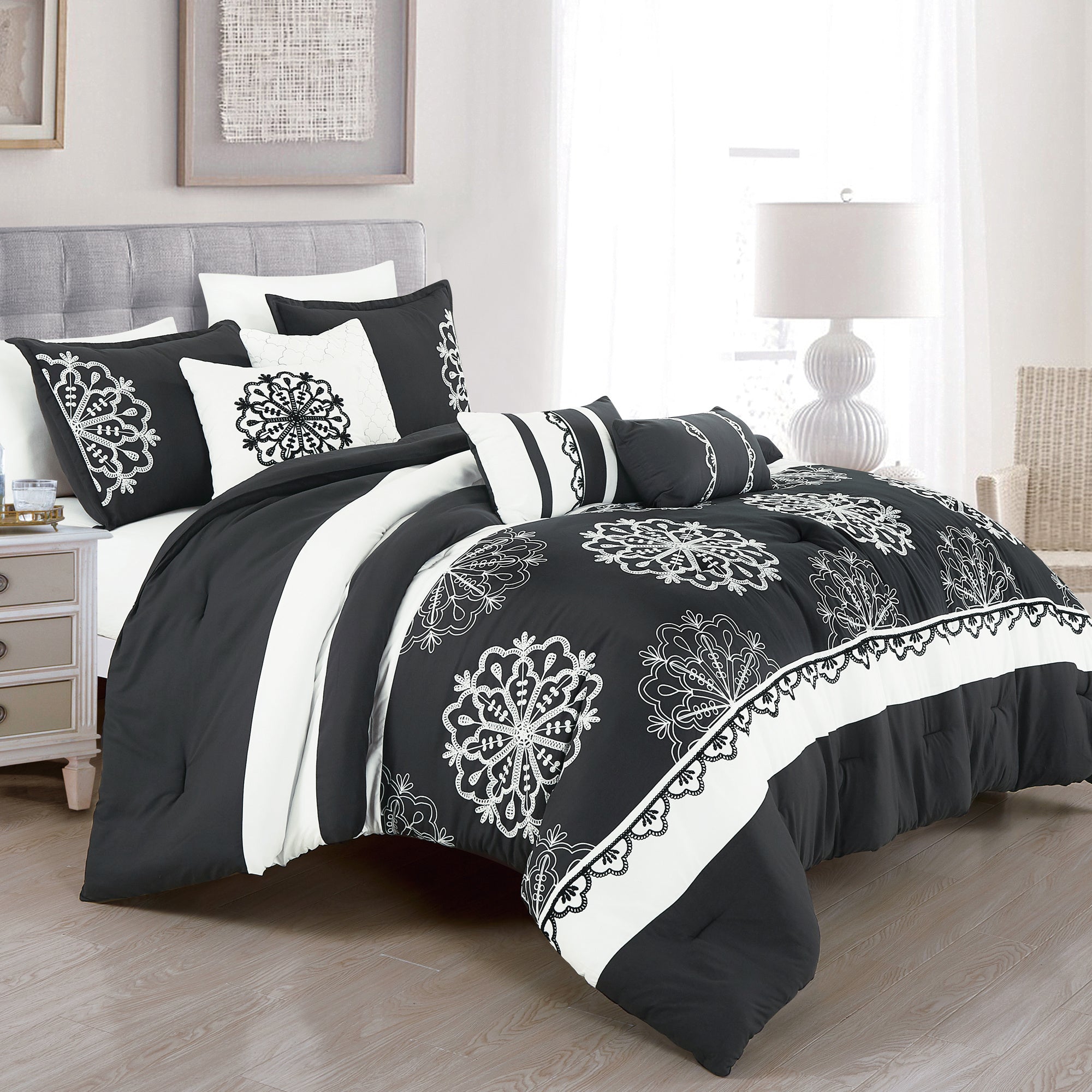 Deborah 7PC COMFORTER SETDobaDealsexpress.shopDeborah 7PC COMFORTER SETHighlights
Deborah 7PC EMBROIDERY COMFORTER SET
Specification
Brand:ESCA
Details




Update your bedroom with the Beautiful motif 7-Piece Comforter Set for a modern 
