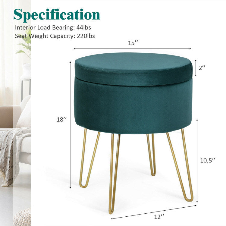 Round Velvet Storage Ottoman Footrest Stool Vanity Chair with Metal LeDobaDealsexpress.shopRound Velvet Storage Ottoman Footrest Stool Vanity ChairHighlights
Multi-purpose Stool: This backless round stool is versatile to be used as a general seat in your bedroom during makeup and a storage box for convenience. 