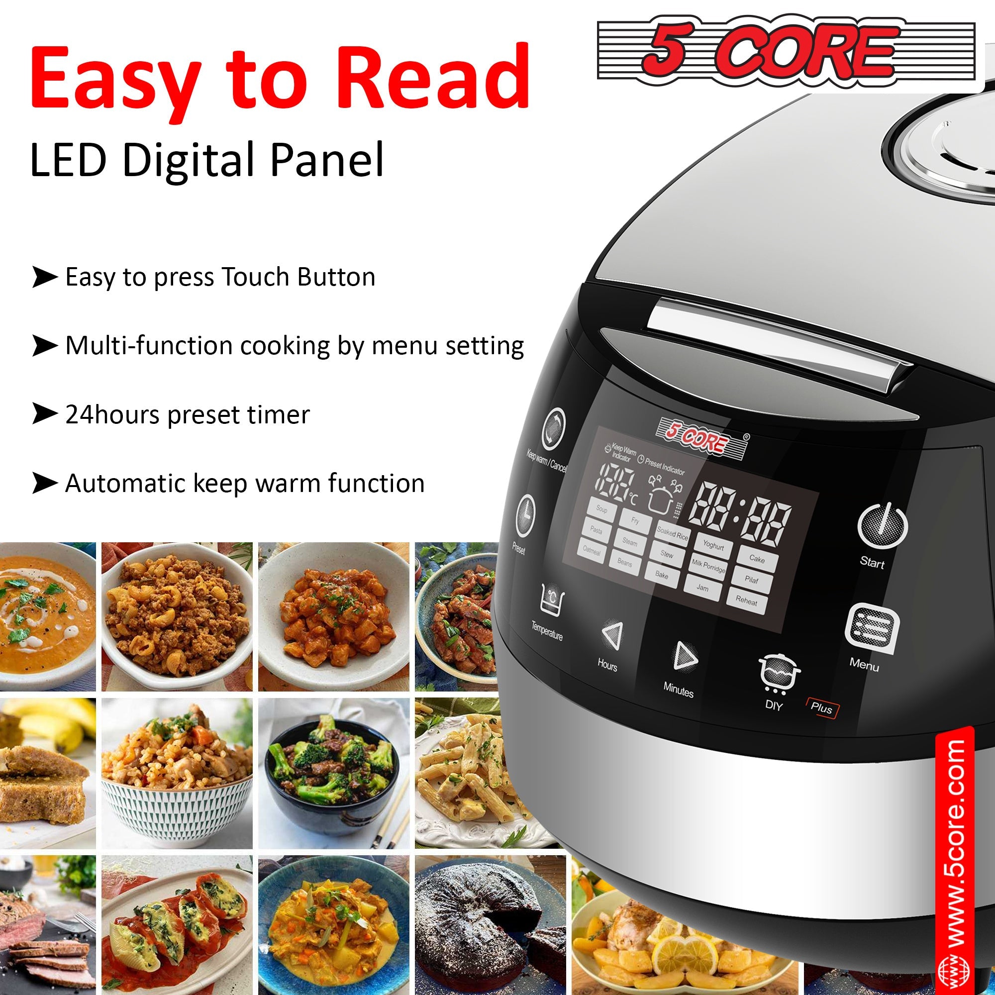 5 Core 5.3Qt Asian Rice Cooker Digital Programmable 15-in-1 Ergonomic DobaDealsexpress.shop-1 Ergonomic Large Touch Screen Electric Multi Cooker Slow Cooker Steamer Pot Warmer 11 Cups 24 Hour Delay Timer AutoHighlights
With the help of an electric rice cooker, you can prepare everything from a filling jambalaya, steamed vegetables, rice, decadent cake, Stew Pot, Steamer,