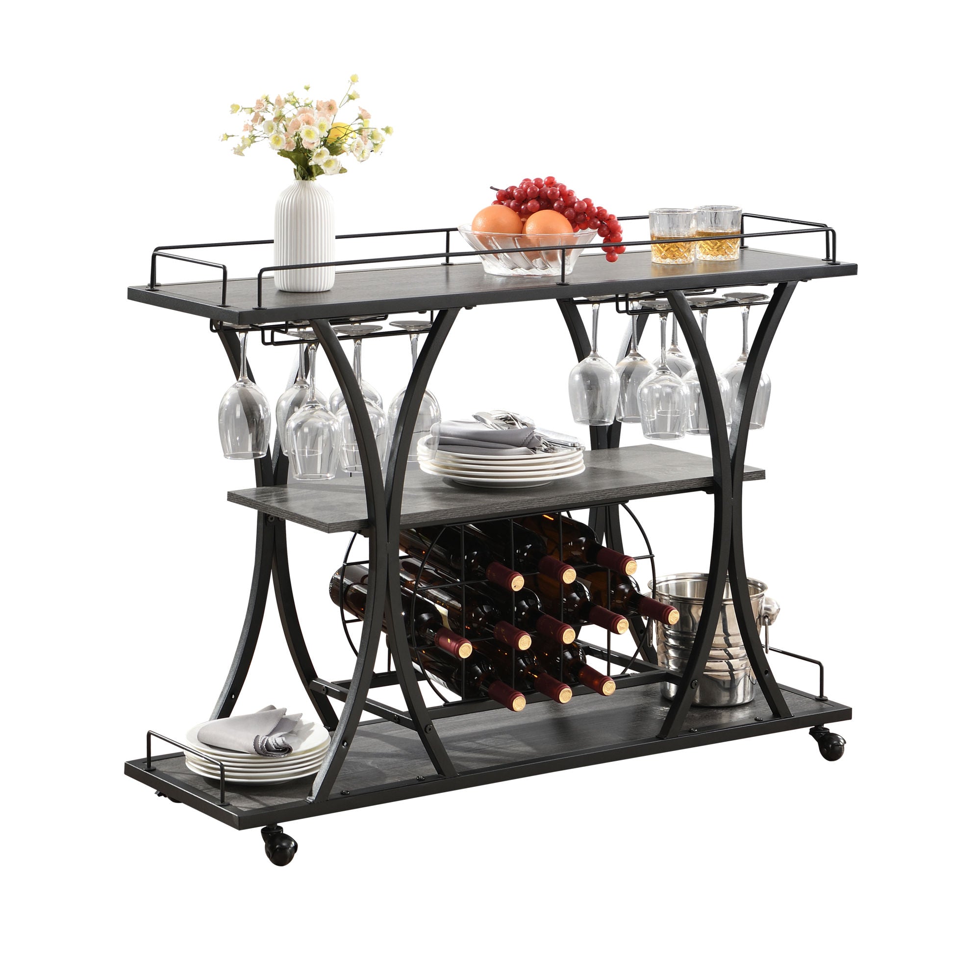 Industrial Bar Cart Kitchen Bar&Serving Cart for Home with Wheels 3 -TDobaDealsexpress.shopIndustrial Bar Cart Kitchen Bar&Serving CartHighlights
1. BOTTLE RACK AND WINE GLASS STORAGE: this bar cart features three levels for storing wine or placing trays,
with 11 bottles and16 wine glass racks.
2. M