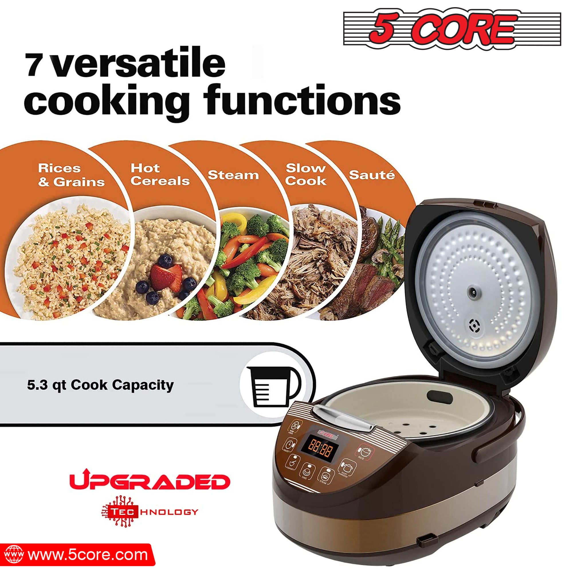 5 Core 5.3Qt Asian Rice Cooker Digital Programmable 15-in-1 Ergonomic DobaDealsexpress.shop-1 Ergonomic Large Touch Screen Electric Multi Cooker Slow Cooker Steamer Pot Warmer 11 Cups 24 Hour Delay Timer AutoHighlights
With the help of an electric rice cooker, you can prepare everything from a filling jambalaya, steamed vegetables, rice, decadent cake, Stew Pot, Steamer,