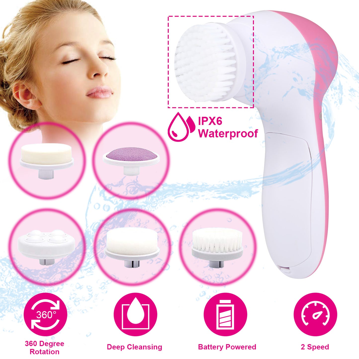 Facial Cleansing Brush Waterproof Face Spin Cleaning Brush with 5 Brush Heads