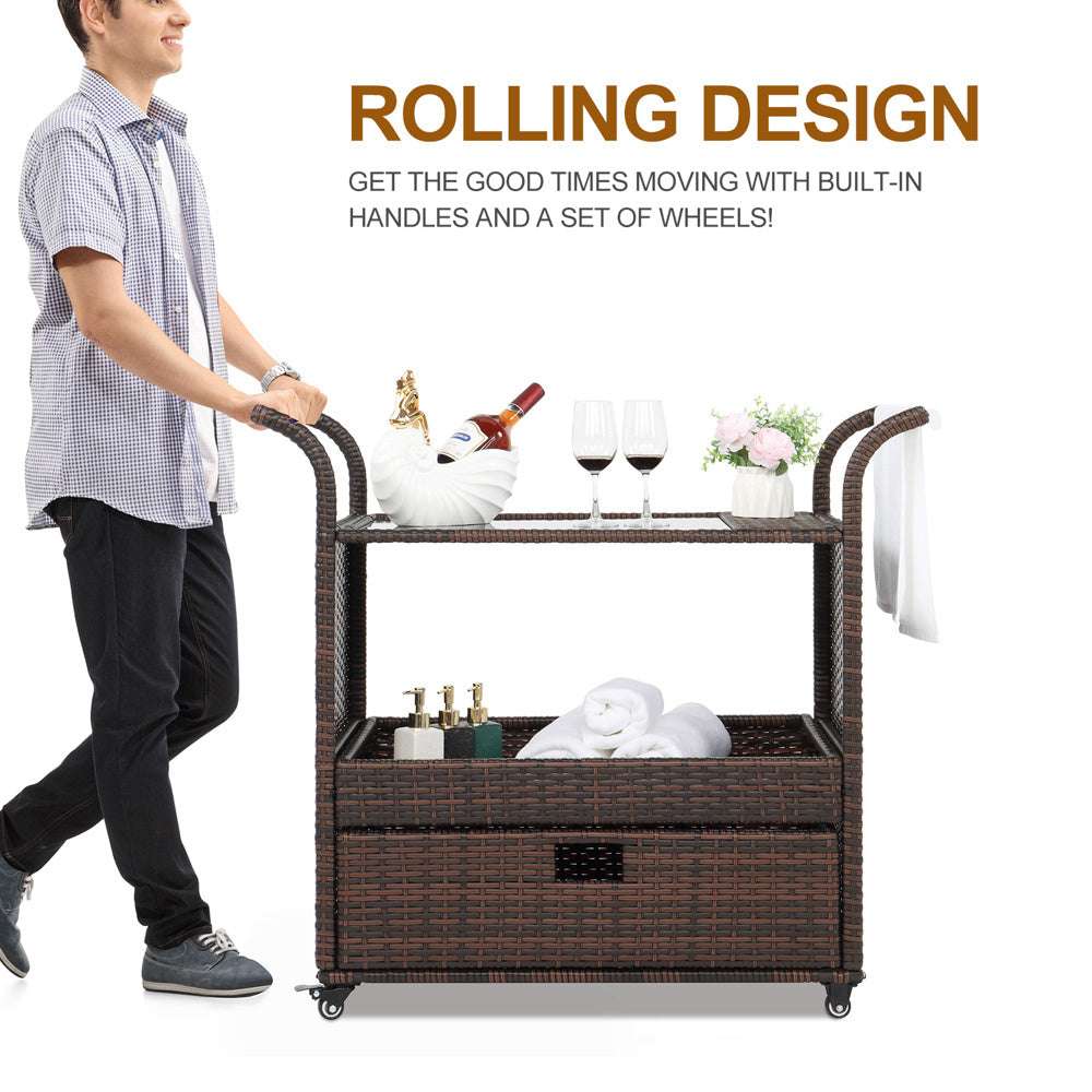 Outdoor Patio Wicker Rattan Serving Bar Cart Sideboard On Wheels XHDobaDealsexpress.shopOutdoor Patio Wicker Rattan Serving Bar Cart SideboardDetails
Introductions:This Outdoor Patio Wicker Rattan Serving Bar Cart with Ice Bucket Wine Rack Brown is a best choice for you. It's made of brown synthetic resin 