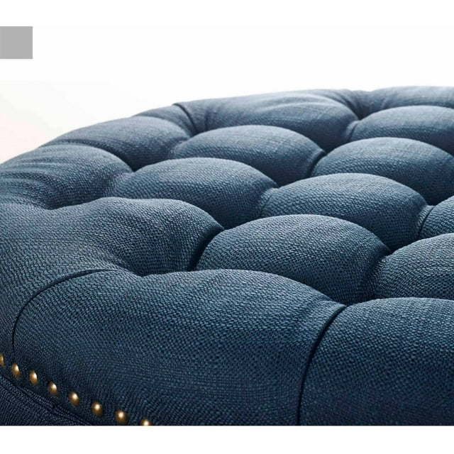 Round Tufted Storage Ottoman with NailheadsDobaDealsexpress.shopRound Tufted Storage OttomanHighlights
Features a tapered base, a chic tufted top in linen upholstery and nail head detailing
Top is generously padded for comfortable seating
Top is easily remo
