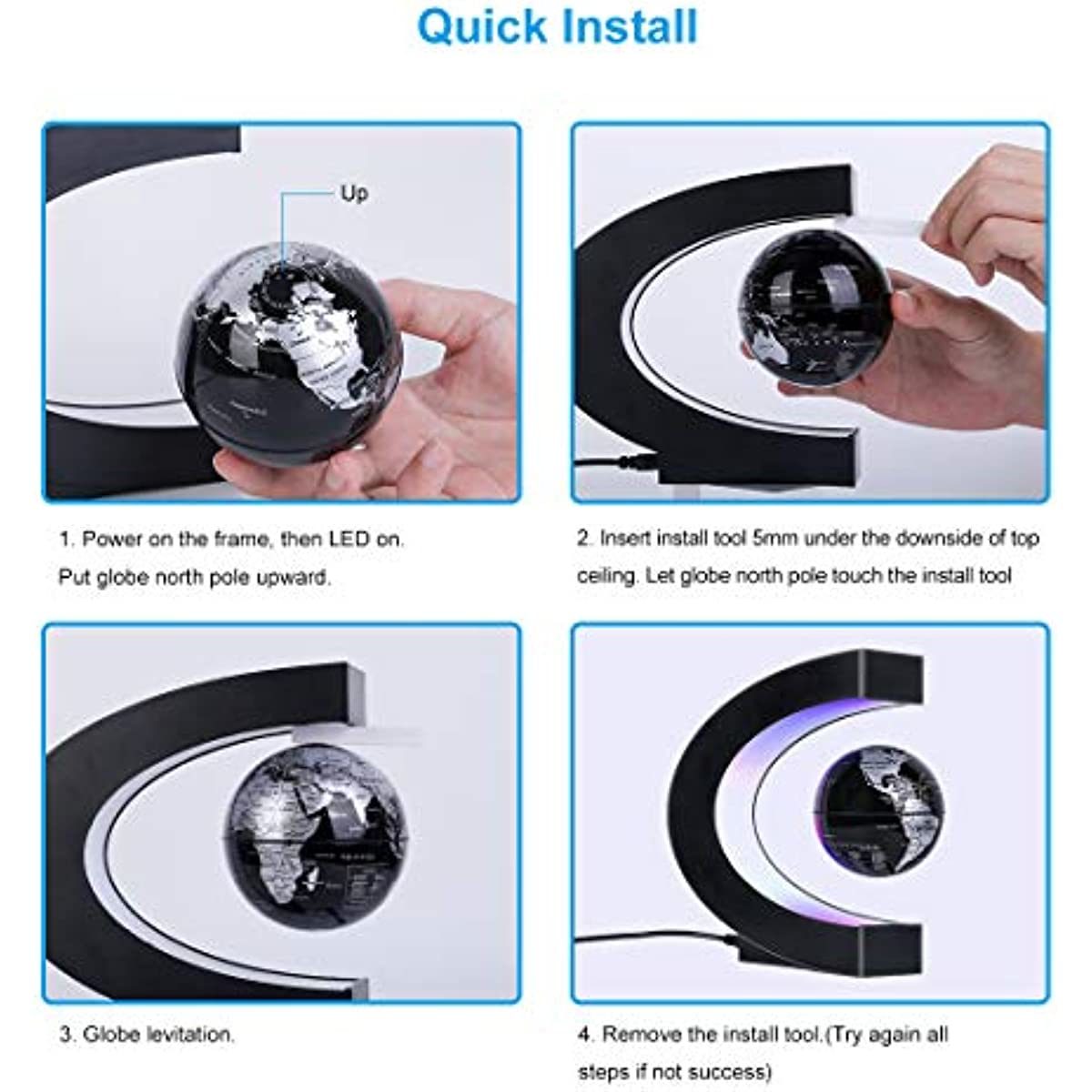 Magnetic Levitating Globe with LED Light; Cool Tech Gift for Men FatheDobaDealsexpress.shopKids; Floating Globes World Desk Gadget DecorDetails
LEVITATION GLOBE - Globe floating in midair by the magnetic force from bottom and top of frame. 3 LED beads in frame shows Purple; Pink &amp; Cyan colors. Am