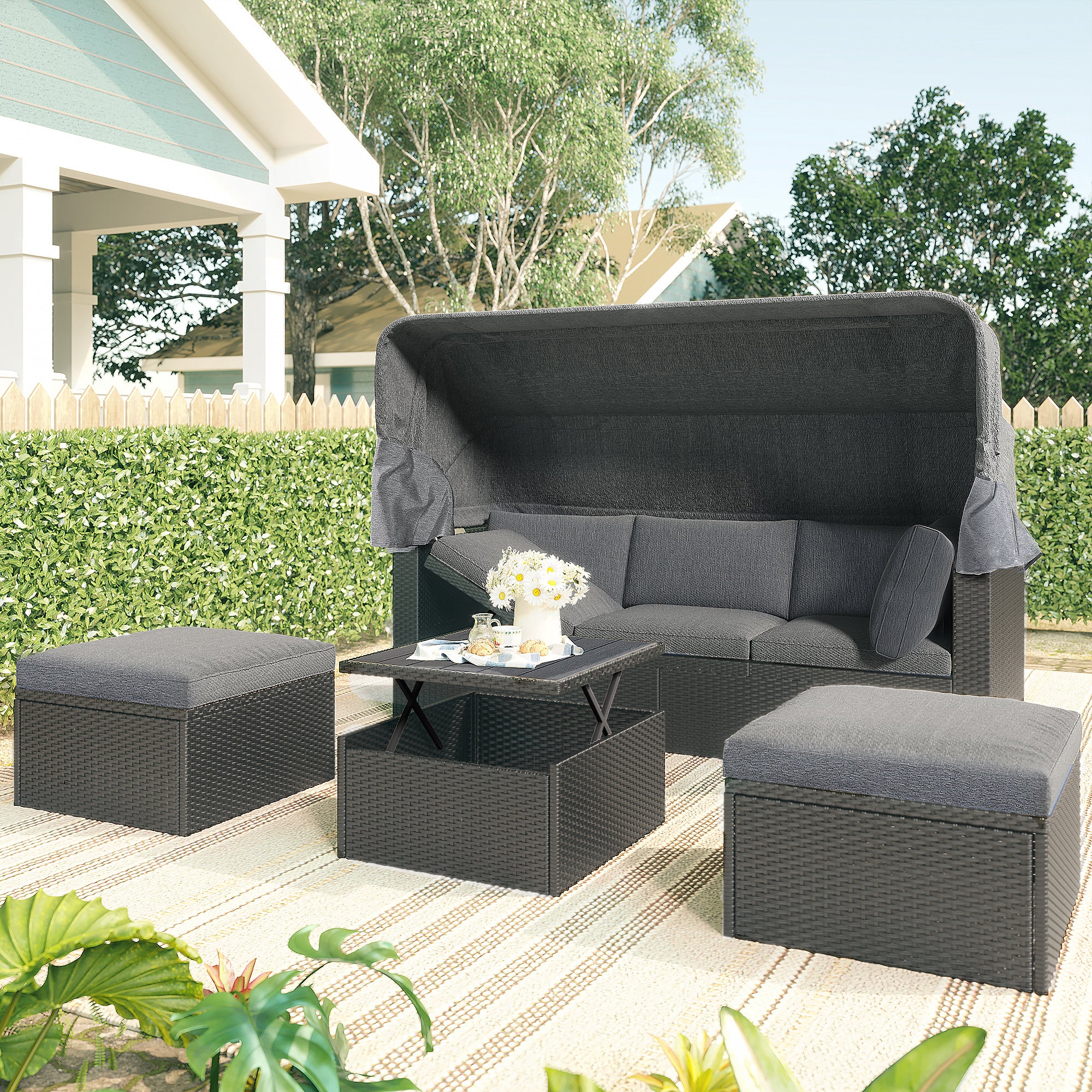 Outdoor Patio Rectangle Daybed with Retractable Canopy, Wicker FurnituDobaDealsexpress.shopRetractable Canopy, Wicker Furniture Sectional SeatingHighlights
This elegantly designed sectional sofa is perfect for the pool side, garden, patio or deck, offering the best in quality and comfort with tightly woven PE