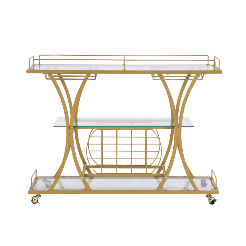 Golden Bar& Serving Cart with Wine Rack&Glass Holder for Home with Wheels 3-tier Storage Shelves