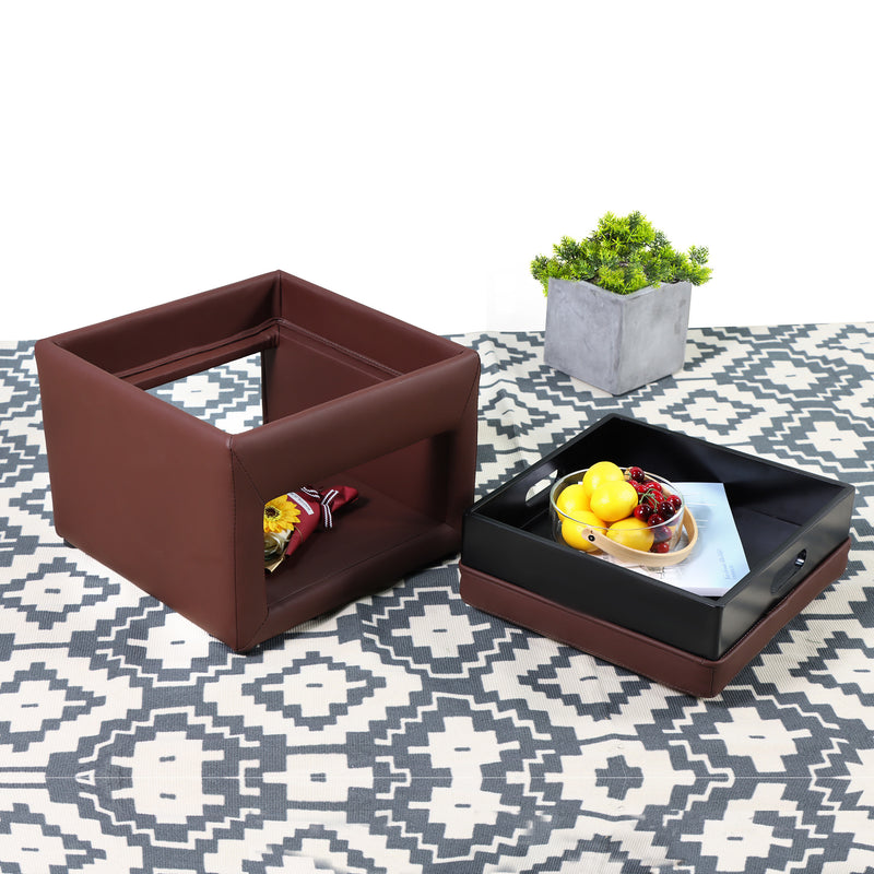 Stylish Faux Leather Upholstered Storage Ottoman with Tray Square Footrest Stool