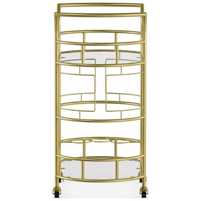 Fitzgerald Bar Cart with Matte Gold Metal Finish, 2-TiersDobaDealsexpress.shopFitzgerald Bar CartHighlights
2 Levels of glass shelf
3 Rings for bottle storage
Rolling and locking casters
Transitional or Modern style
A bar serving cart is ideal for home or office