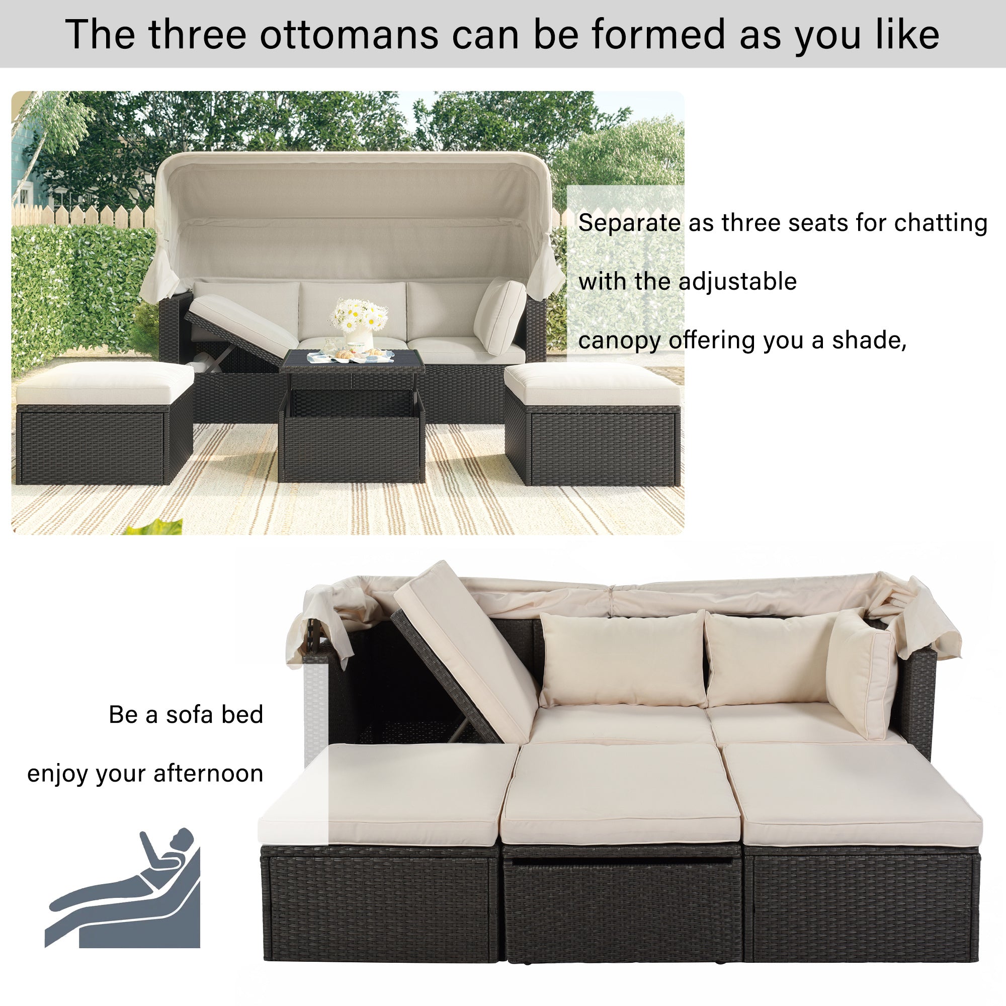 Outdoor Patio Rectangle Daybed with Retractable Canopy, Wicker FurnituDobaDealsexpress.shopRetractable Canopy, Wicker Furniture Sectional SeatingHighlights
This elegantly designed sectional sofa is perfect for the pool side, garden, patio or deck, offering the best in quality and comfort with tightly woven PE