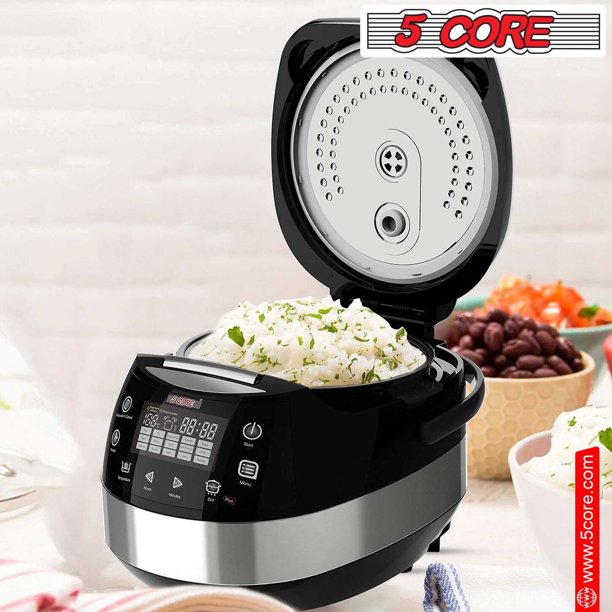 5 Core 5.3Qt Asian Rice Cooker Digital Programmable 15-in-1 Ergonomic DobaDealsexpress.shop-1 Ergonomic Large Touch Screen Electric Multi Cooker Slow Cooker Steamer Pot Warmer 11 Cups 24 Hour Delay Timer AutoHighlights
With the help of an electric rice cooker, you can prepare everything from a filling jambalaya, steamed vegetables, rice, decadent cake, Stew Pot, Steamer,