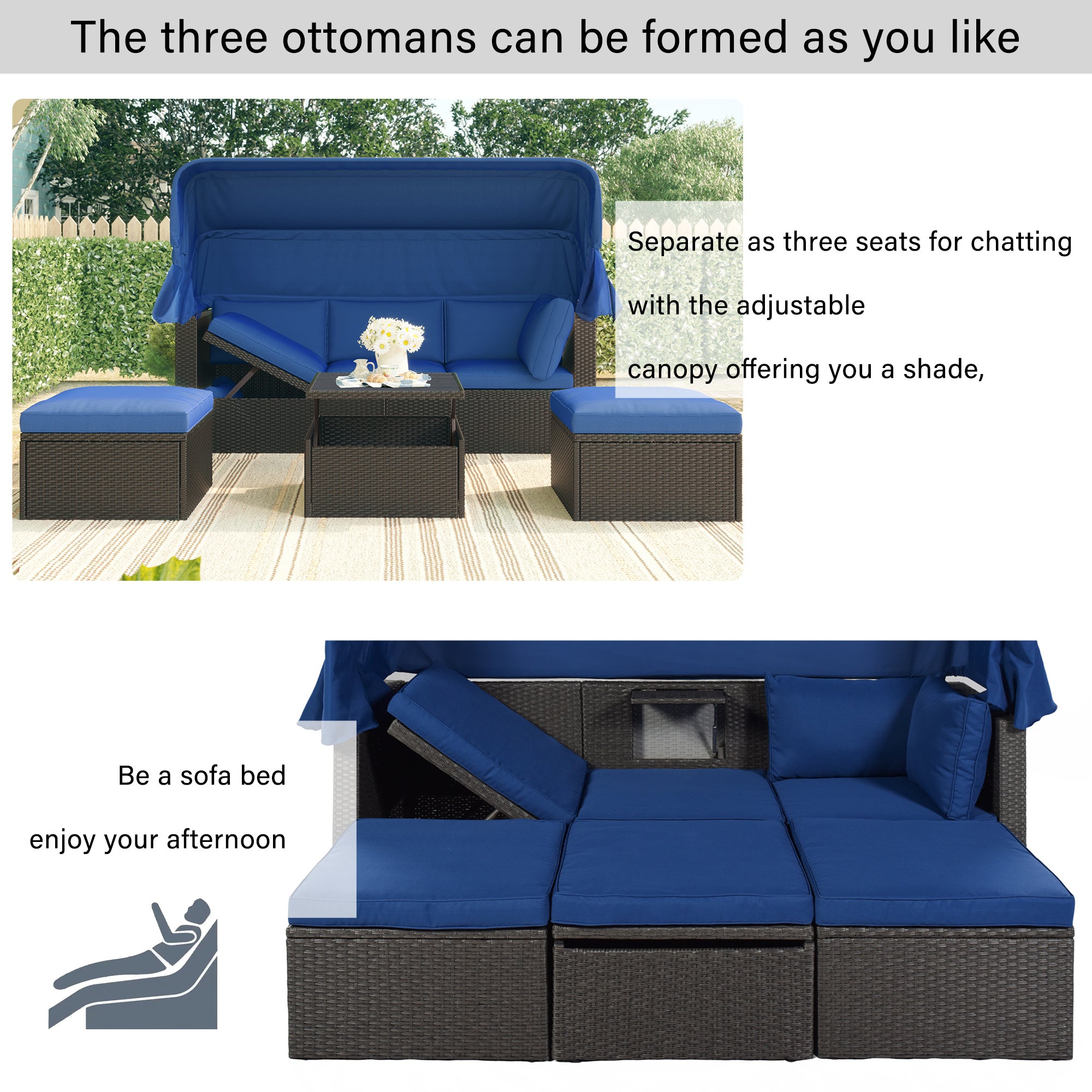 Outdoor Patio Rectangle Daybed with Retractable Canopy, Wicker FurnituDobaDealsexpress.shopRetractable Canopy, Wicker Furniture Sectional SeatingHighlights
This elegantly designed sectional sofa is perfect for the pool side, garden, patio or deck, offering the best in quality and comfort with tightly woven PE