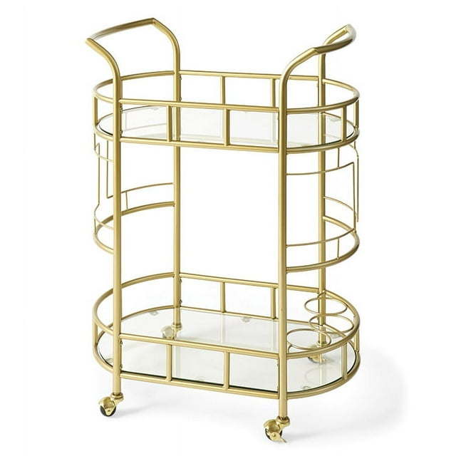 Fitzgerald Bar Cart with Matte Gold Metal Finish, 2-TiersDobaDealsexpress.shopFitzgerald Bar CartHighlights
2 Levels of glass shelf
3 Rings for bottle storage
Rolling and locking casters
Transitional or Modern style
A bar serving cart is ideal for home or office