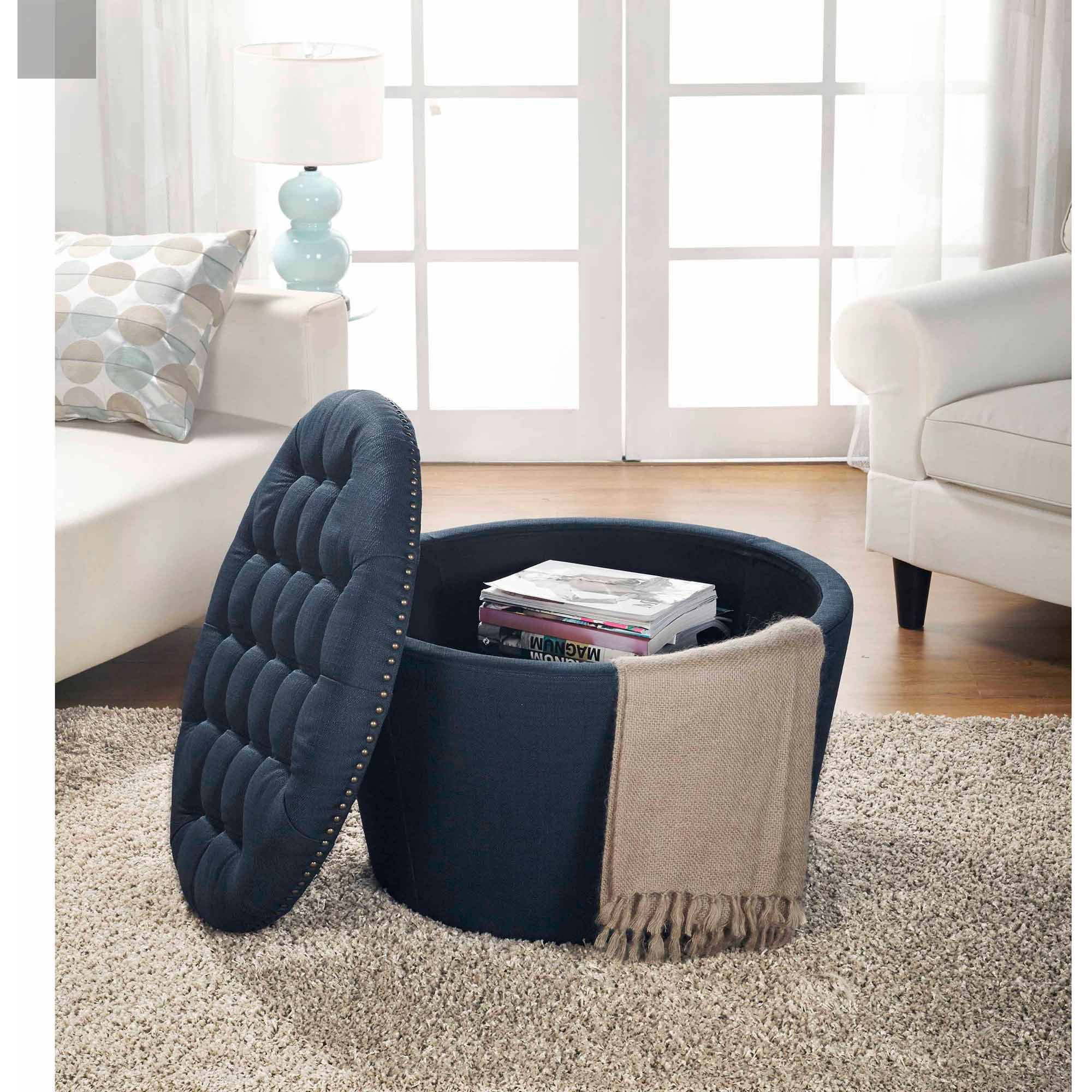 Round Tufted Storage Ottoman with NailheadsDobaDealsexpress.shopRound Tufted Storage OttomanHighlights
Features a tapered base, a chic tufted top in linen upholstery and nail head detailing
Top is generously padded for comfortable seating
Top is easily remo