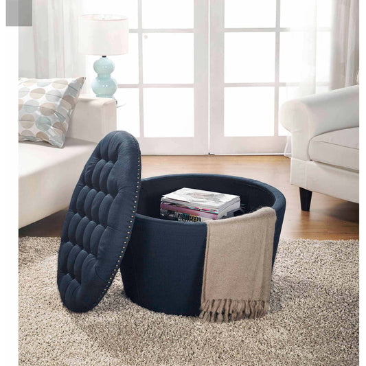 Round Tufted Storage Ottoman with NailheadsDobaDealsexpress.shopRound Tufted Storage OttomanHighlights
Features a tapered base, a chic tufted top in linen upholstery and nail head detailing
Top is generously padded for comfortable seating
Top is easily remo
