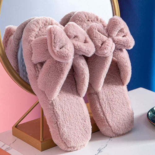 Women Slippers Winter Soft Bow Open Toe Home Cotton Shoes