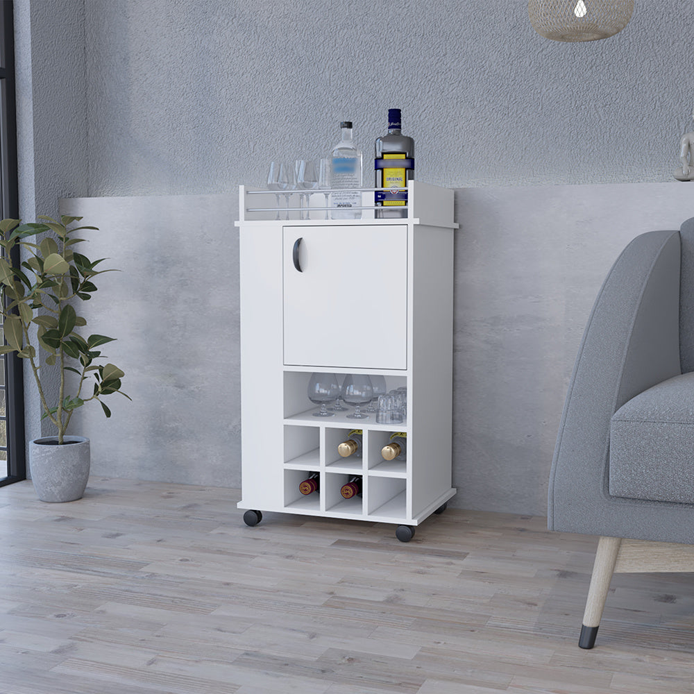 Bar Cart with Casters Reese, Six Wine Cubbies and Single Door, White FDobaDealsexpress.shopSingle Door, White FinishSpecification
Main Color:White
Main Material:Particle Board
Details
Product Features:
The bar cart's smooth-rolling casters ensure effortless movement, allowing you 