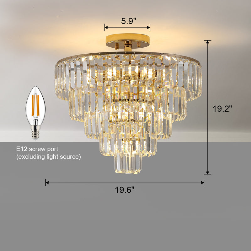 Gold Crystal Chandeliers,5-Tier Round Semi Flush Mount Chandelier Light Fixture,Large Contemporary Luxury Ceiling Lighting for Living Room Dining Room Bedroom Hallway