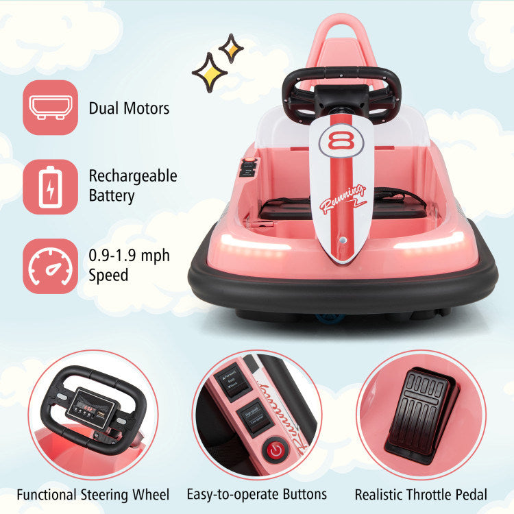 6V kids Ride-on Bumper Car with 360° Spinning and Dual MotorsDobaDealsexpress.shop6V kids Ride-Highlights
Exciting yet Safe Bumping: Equipped with dual motors and a rechargeable battery, this electric bumper car allows kids to enjoy a long time of exciting bum