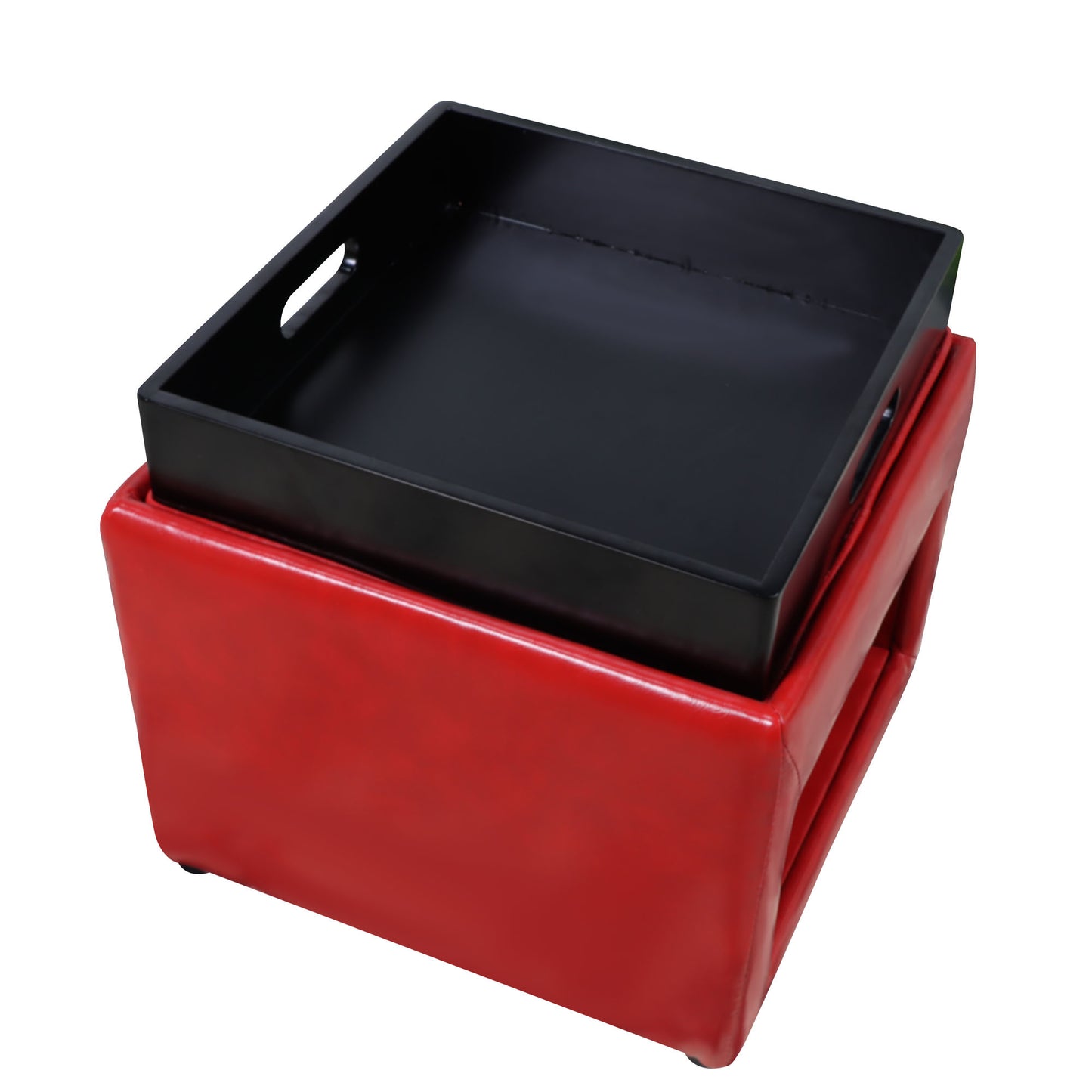 Stylish Faux Leather Upholstered Storage Ottoman with Tray Square Footrest Stool