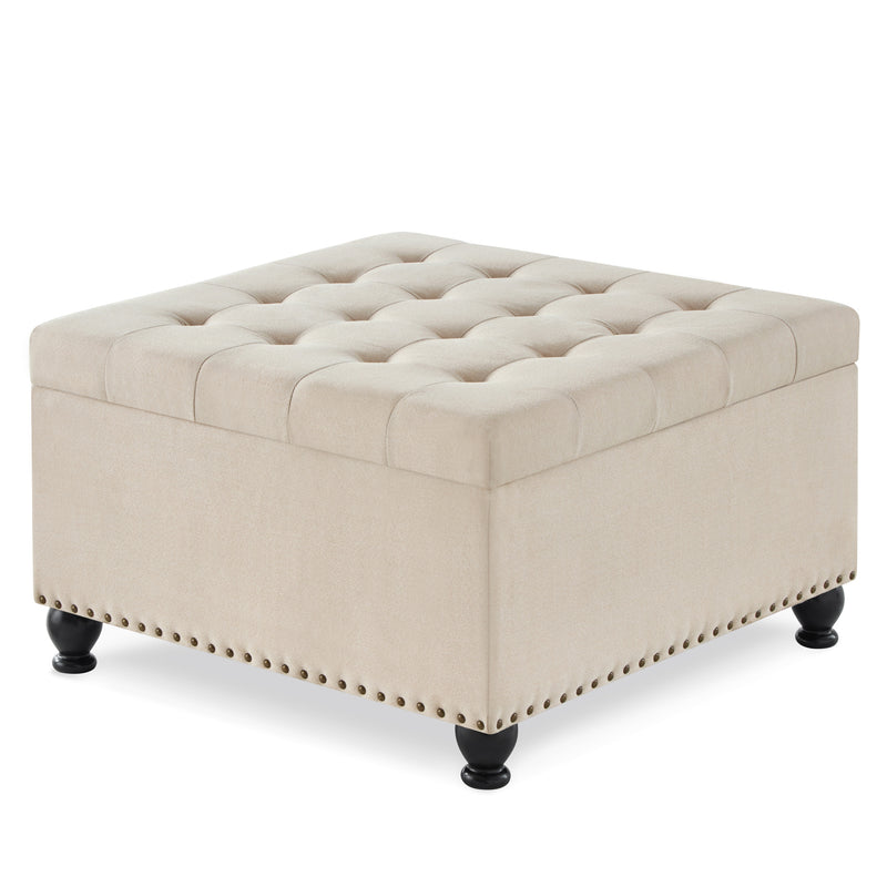 Large square storage ottoman with wooden legs, Upholstered button tufted coffee table with nail trims for Living Space,Beige