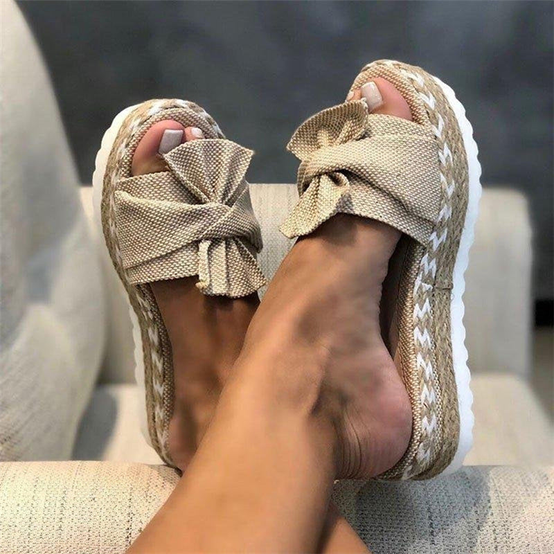 Women Slippers Summer 2020 Platform Wedges Mid Heels Bow Tie Peep Toe Fashion Slides Beach Outdoor Ladies Shoes Zapatos De Mujer