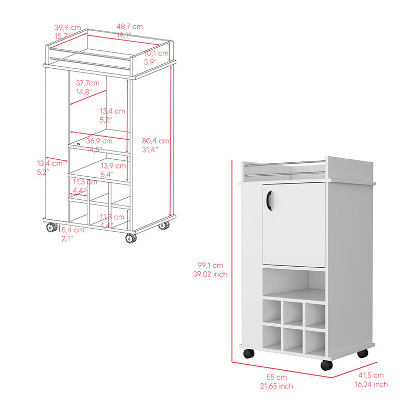 Bar Cart with Casters Reese, Six Wine Cubbies and Single Door, White Finish