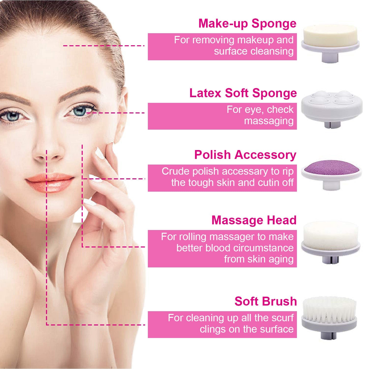 Facial Cleansing Brush Waterproof Face Spin Cleaning Brush with 5 BrusDobaDealsexpress.shopFacial Cleansing Brush Waterproof Face Spin Cleaning BrushHighlights
5 Different Brush Heads
360 Degree Rotation System
Details
*Features*:
*[5 Different Brush Heads] --These brushes are used to facial cleansing; makeup rem