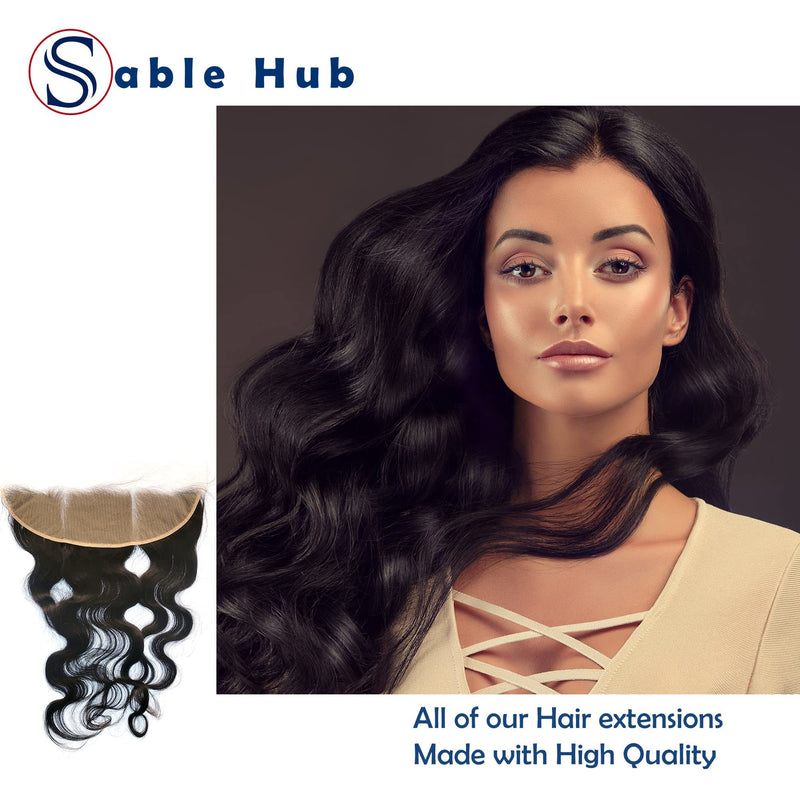 Sable Hub Frontal Lace Body Wave Women Hair Bundle | 100% Unprocessed Brazilian Hair Virgin Body Wave Pre Plucked Baby Hair Extension Ear to Ear Frontal Lace 150% Density - Natural Human Hair