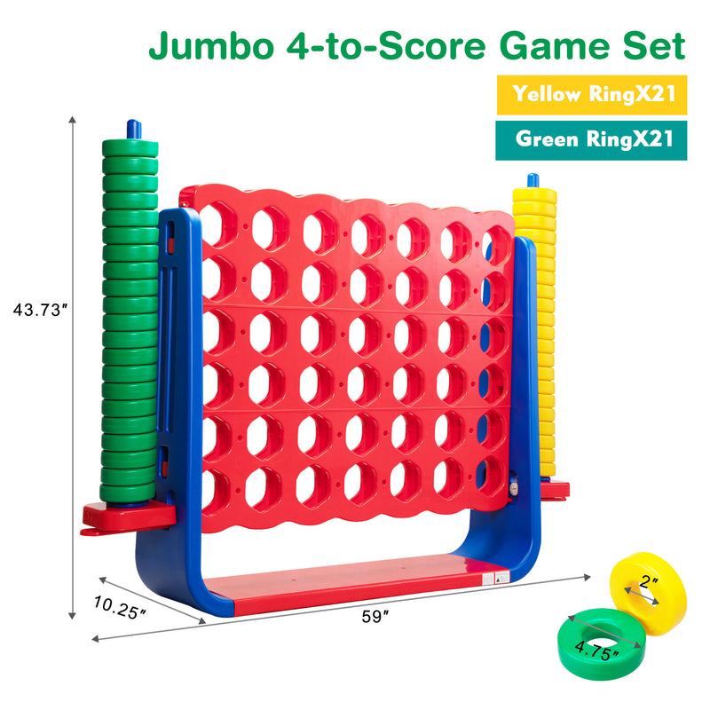 Jumbo 4-to-Score Game Set;  Giant Connect 4 with 42 Rings;  Indoor OutDobaDealsexpress.shop42 Rings; Indoor Outdoor Game SetDetails
Features:
[Giant 4-in-a-row Game Set]: A colorful finish with a 3D version, this 4-in-a-row game set brings more joy for both kids and parents. Perfect as a 