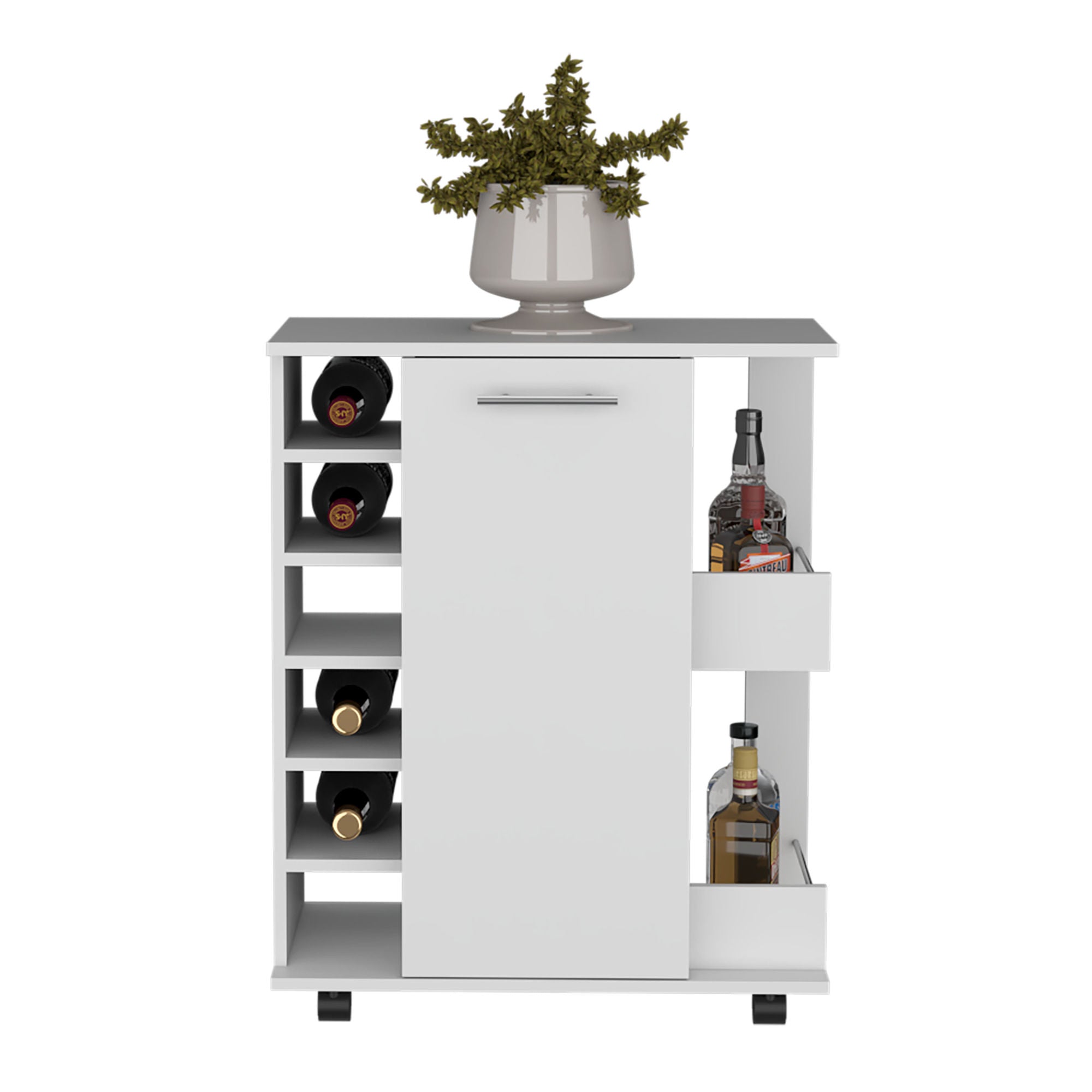 Bar Cart with Six-Wine Cubbies Cabot, Two-Side Storage Shelves and CasDobaDealsexpress.shop-Wine Cubbies Cabot,Specification
Main Color:White
Main Material:Particle Board
Details
Product Features:
The Cabot Bar Cart's smooth-rolling casters allow for easy transportation and e