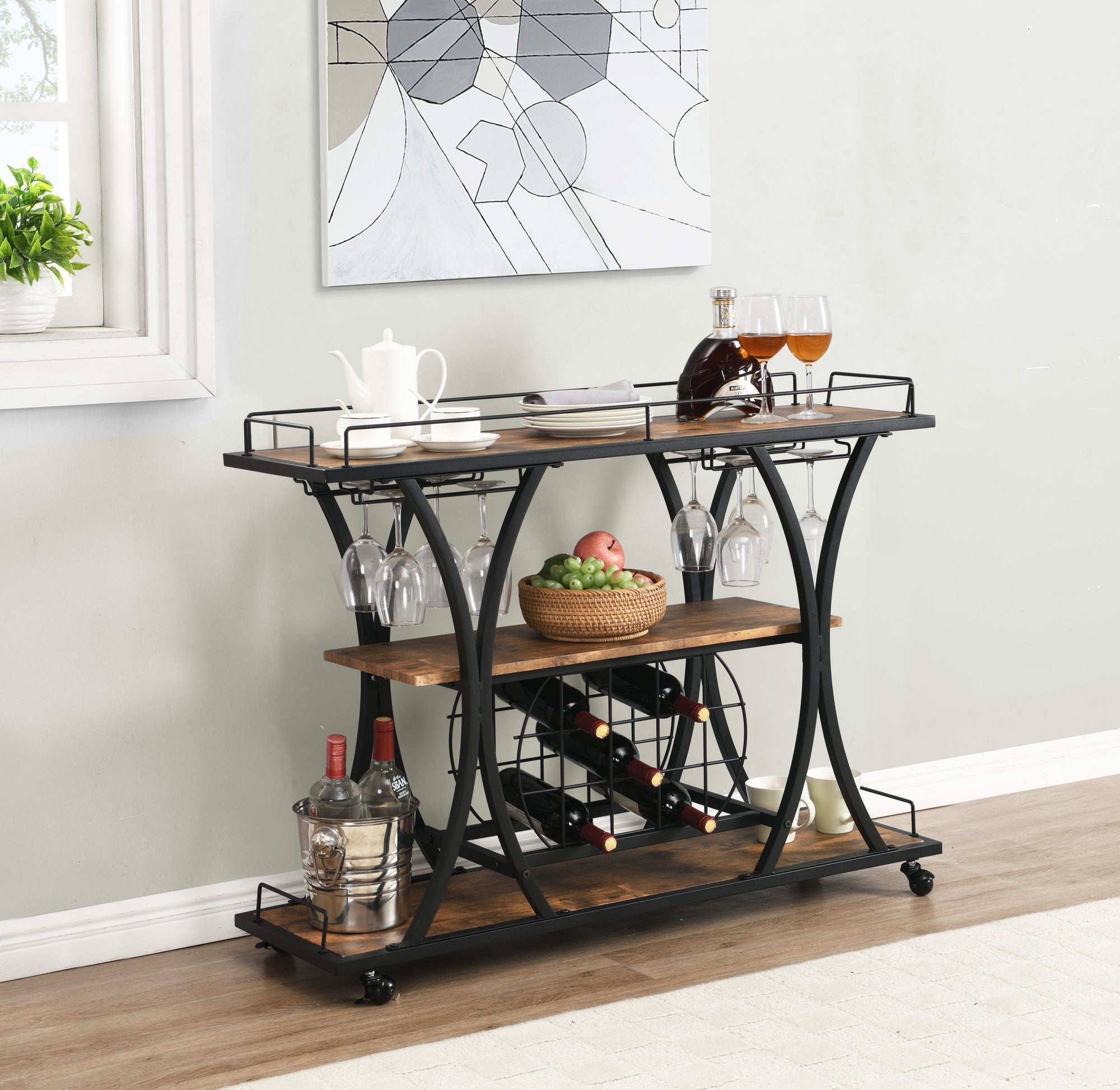 Industrial Black Bar Serving Cart for home with Wine Rack and Glass HoDobaDealsexpress.shopIndustrial Black Bar Serving CartHighlights
BOTTLE RACK AND WINE GLASS STORAGE: three levels for storing wine or placing trays, with 11 bottles and 16 wine glass rack.
MOBILE SERVING CART: it rests 