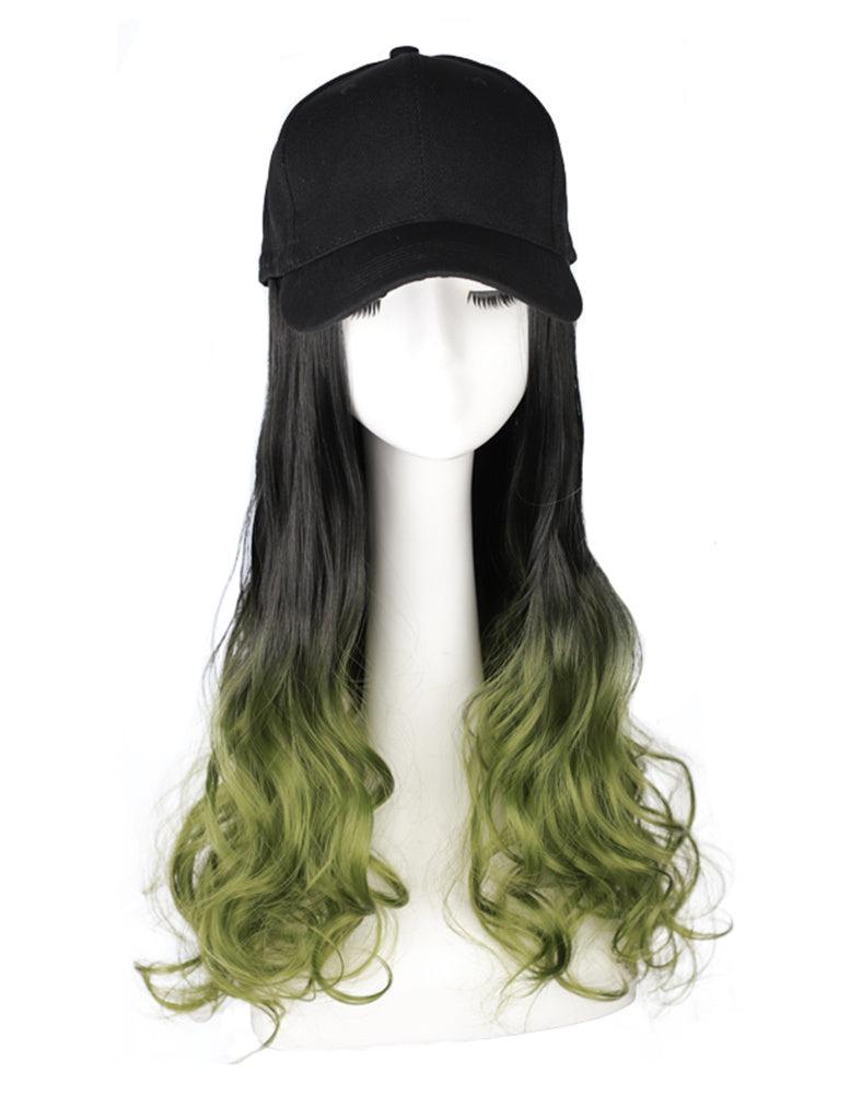 Black Baseball Cap with Green Long Wavy Wig Mixed Color Synthetic Hair Extension Hat Wig Cap