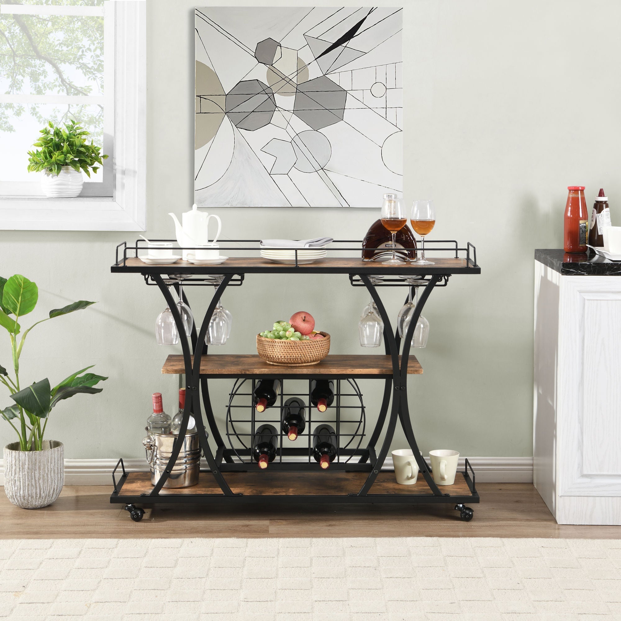 Industrial Black Bar Serving Cart for home with Wine Rack and Glass HoDobaDealsexpress.shopIndustrial Black Bar Serving CartHighlights
BOTTLE RACK AND WINE GLASS STORAGE: three levels for storing wine or placing trays, with 11 bottles and 16 wine glass rack.
MOBILE SERVING CART: it rests 