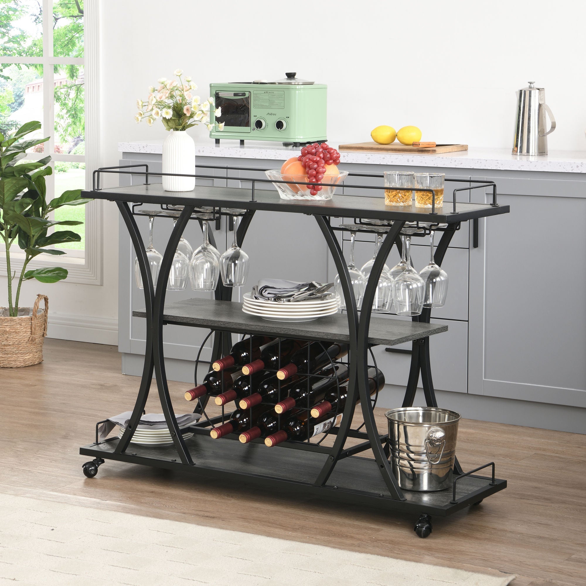 Industrial Bar Cart Kitchen Bar&Serving Cart for Home with Wheels 3 -TDobaDealsexpress.shopIndustrial Bar Cart Kitchen Bar&Serving CartHighlights
1. BOTTLE RACK AND WINE GLASS STORAGE: this bar cart features three levels for storing wine or placing trays,
with 11 bottles and16 wine glass racks.
2. M
