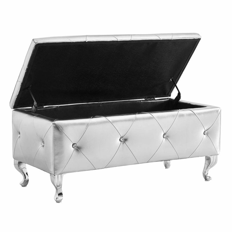 Upholstered Storage Ottoman Bench For Bedroom End Of Bed Faux Leather Rectangular Storage Benches Footrest With Crystal Buttons For Living Room Entryway (Silver)