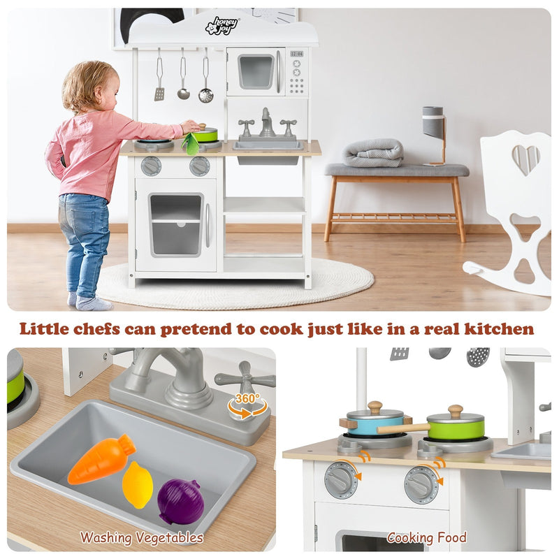 Wooden Pretend Play Kitchen Set for Kids with Accessories and SinkDobaDealsexpress.shopWooden Pretend Play Kitchen SetHighlights
Real Cooking Experience: This kitchen playset is designed with realistic facilities. The kids can cook by using the stove, which features realistic sound 