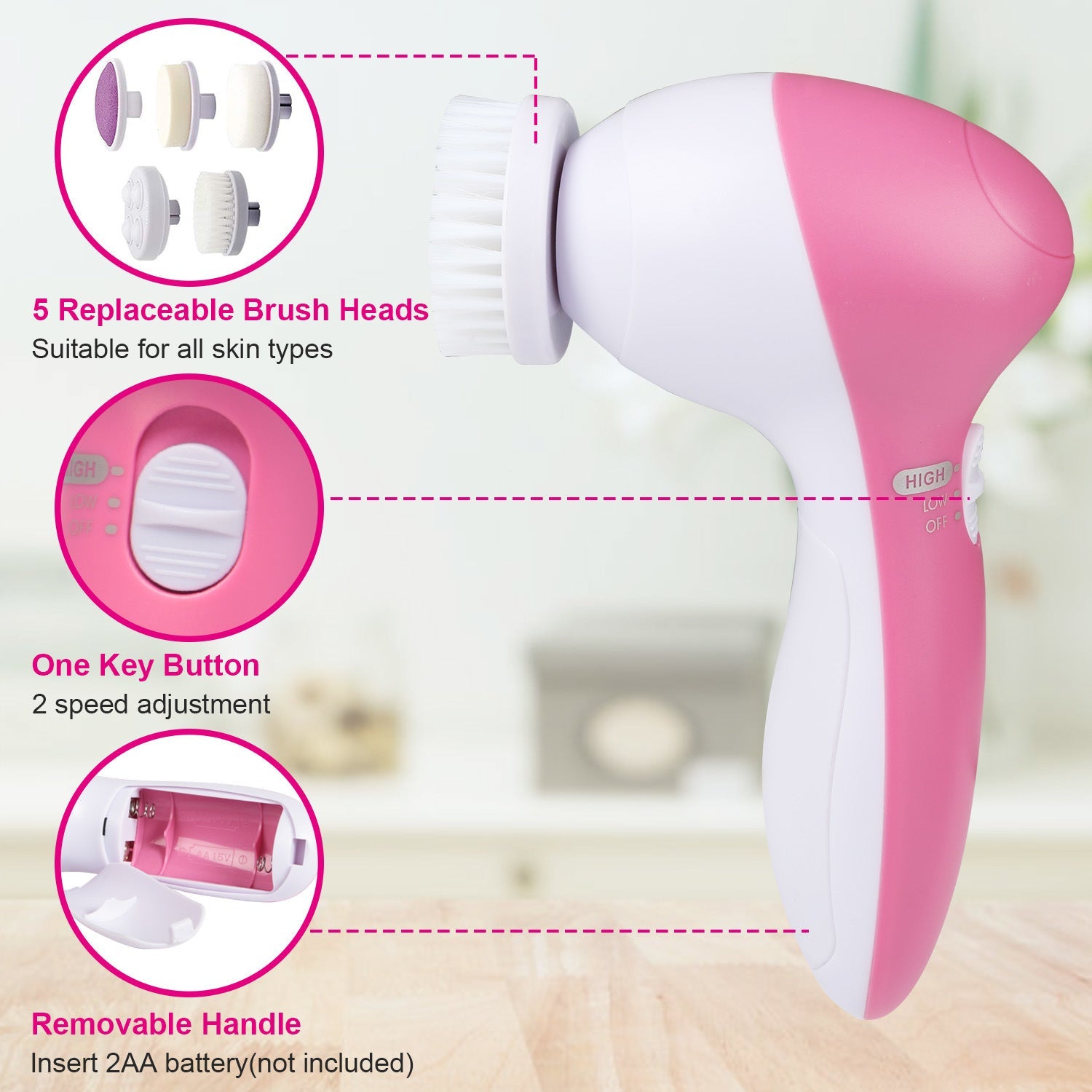Facial Cleansing Brush Waterproof Face Spin Cleaning Brush with 5 BrusDobaDealsexpress.shopFacial Cleansing Brush Waterproof Face Spin Cleaning BrushHighlights
5 Different Brush Heads
360 Degree Rotation System
Details
*Features*:
*[5 Different Brush Heads] --These brushes are used to facial cleansing; makeup rem