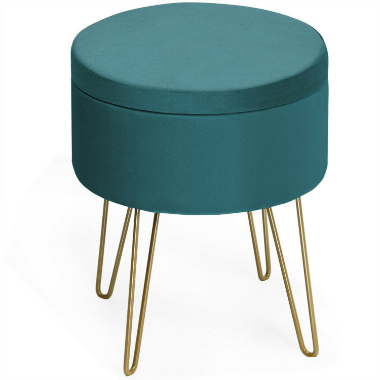 Round Velvet Storage Ottoman Footrest Stool Vanity Chair with Metal Legs