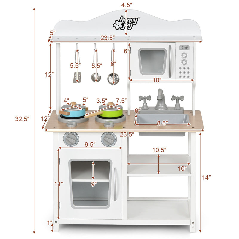 Wooden Pretend Play Kitchen Set for Kids with Accessories and SinkDobaDealsexpress.shopWooden Pretend Play Kitchen SetHighlights
Real Cooking Experience: This kitchen playset is designed with realistic facilities. The kids can cook by using the stove, which features realistic sound 