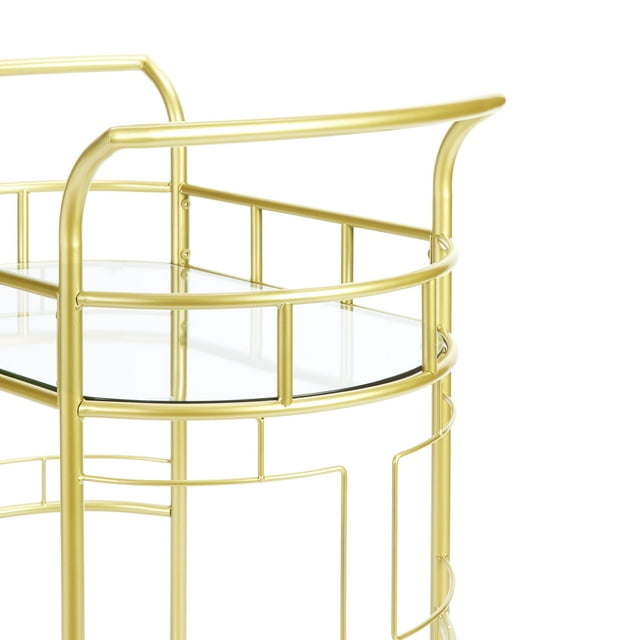 Fitzgerald Bar Cart with Matte Gold Metal Finish, 2-TiersDobaDealsexpress.shopFitzgerald Bar CartHighlights
2 Levels of glass shelf
3 Rings for bottle storage
Rolling and locking casters
Transitional or Modern style
A bar serving cart is ideal for home or office