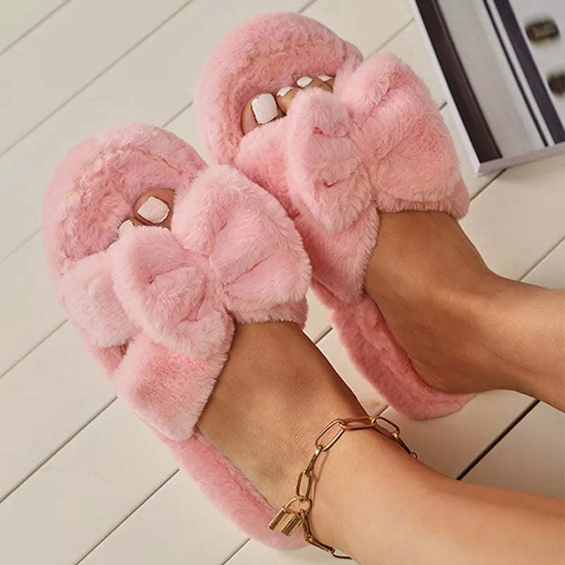 Women Slippers Winter Soft Bow Open Toe Home Cotton Shoes