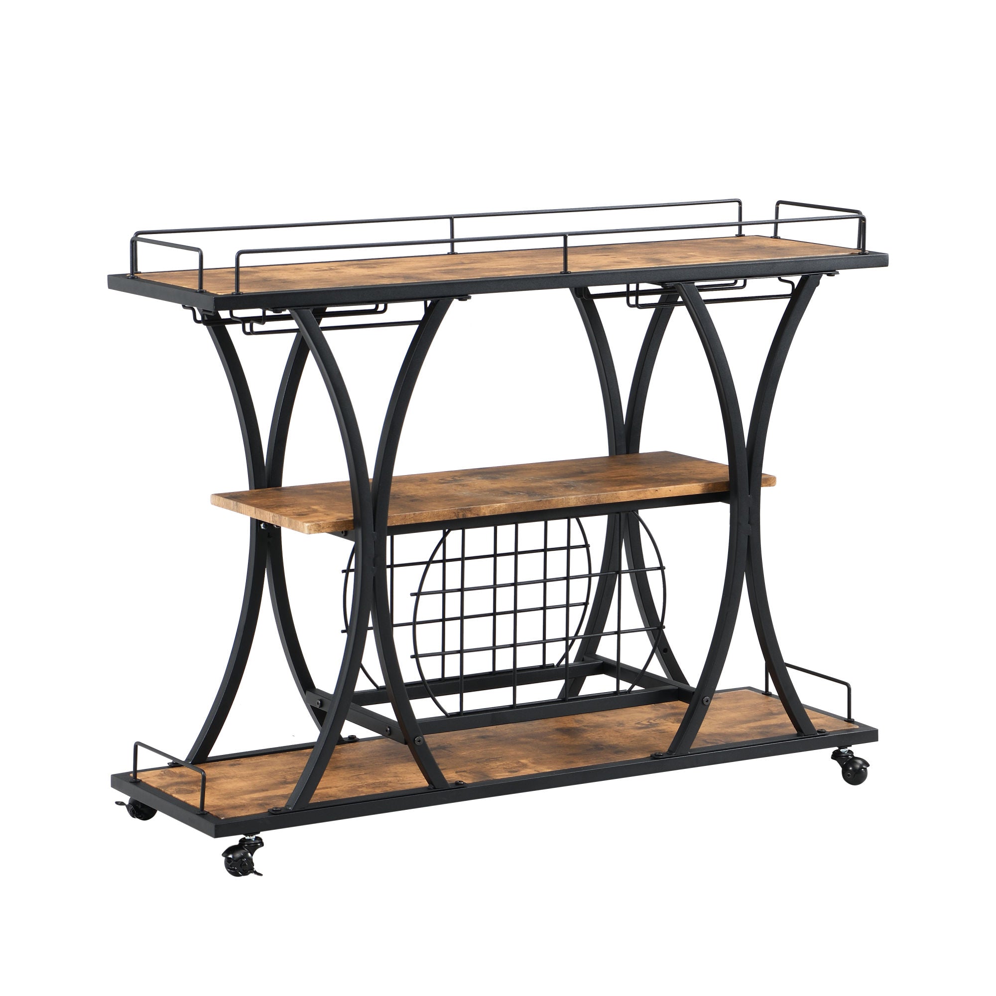 Industrial Black Bar Serving Cart for home with Wine Rack and Glass HoDobaDealsexpress.shopIndustrial Black Bar Serving CartHighlights
BOTTLE RACK AND WINE GLASS STORAGE: three levels for storing wine or placing trays, with 11 bottles and 16 wine glass rack.
MOBILE SERVING CART: it rests 